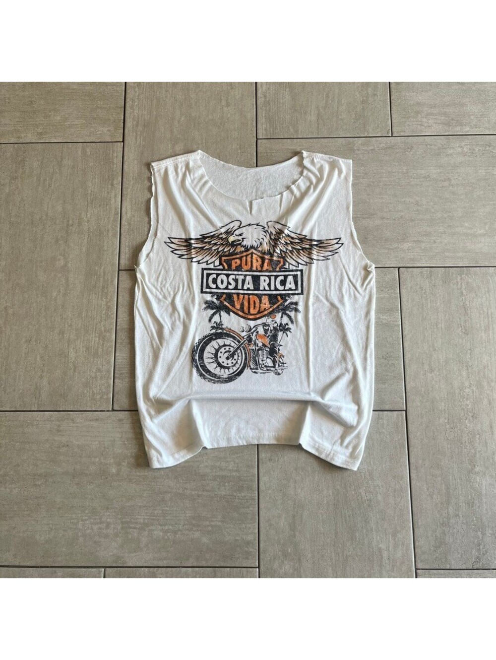 White Sleeveless Graphic Tank Top Costa Rica Motorcycle Print L